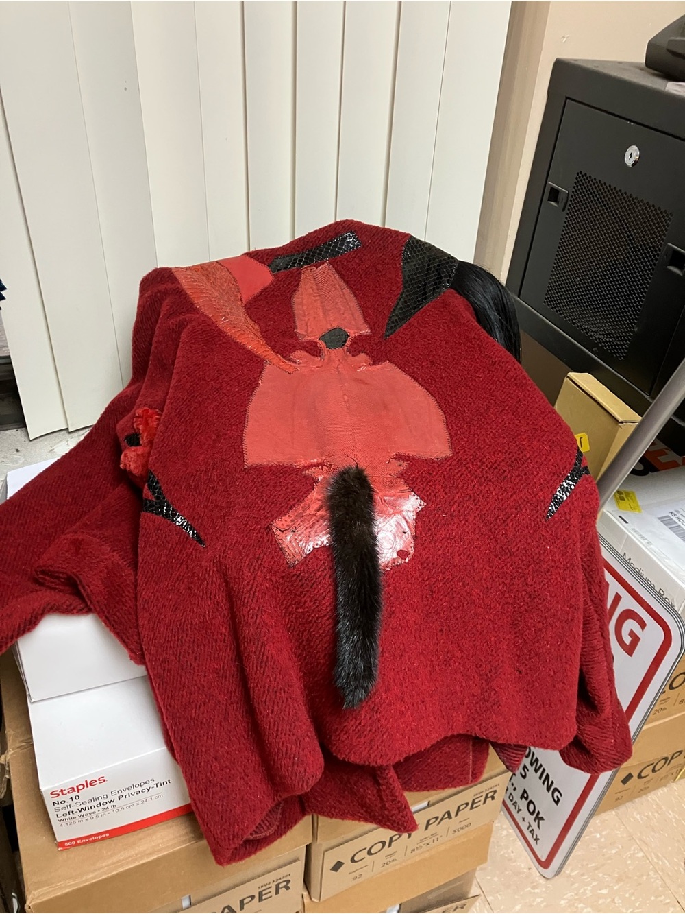 Red Appliqué Knit Cardigan with Mixed-Media Detail